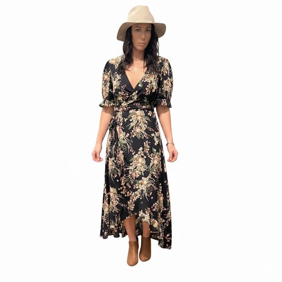 Coco + Carmen Boho Black Floral High-Low Wrap Maxi Dress (S/M) Cottagecore - Picture 3 of 12